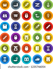 White Solid Icon Set- measuring cup vector, scales, corner ruler, sand clock, stopwatch, weight, big, thermometer, store, kitchen
