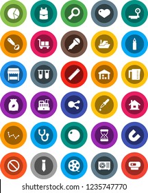 White Solid Icon Set- measuring cup vector, ladle, cereal, ruler, backpack, magnet, magnifier, constellation, pie graph, tie, punching bag, fitball, prohibition sign, ship, cargo, warehouse, heart