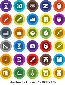 White Solid Icon Set- measuring cup vector, scales, corner ruler, sand clock, stopwatch, weight, big, thermometer, store, kitchen