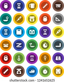White Solid Icon Set- measuring cup vector, scales, corner ruler, sand clock, stopwatch, weight, big, thermometer, store, kitchen