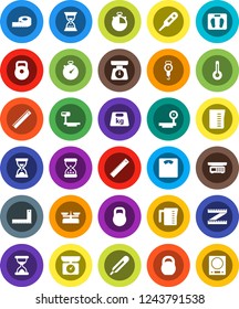 White Solid Icon Set- measuring cup vector, scales, corner ruler, sand clock, stopwatch, weight, big, thermometer, store, kitchen