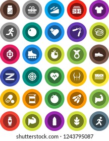 White Solid Icon Set- measuring vector, heart pulse, stadium, stopwatch, pills vial, hand trainer, fitball, muscule, buttocks, snickers, t shirt, roller Skates, target, medal, sports nutrition, pool