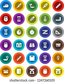 White Solid Icon Set- measuring cup vector, scales, corner ruler, sand clock, stopwatch, weight, big, thermometer, store, kitchen