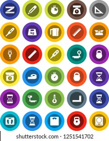 White Solid Icon Set- measuring cup vector, scales, corner ruler, sand clock, stopwatch, weight, big, thermometer, store, kitchen