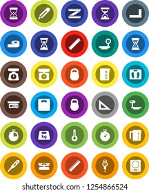 White Solid Icon Set- measuring cup vector, scales, corner ruler, sand clock, stopwatch, weight, big, thermometer, store, kitchen