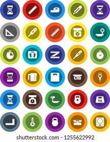 White Solid Icon Set- measuring cup vector, scales, corner ruler, sand clock, stopwatch, weight, big, thermometer, store, kitchen