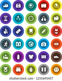 White Solid Icon Set- measuring vector, scales, muscule hand, snickers, boxing glove, shorts, swimsuite, t shirt, medal, pills, water bottle, cereals, first aid kit, hoop, run, weight, disabled, eye