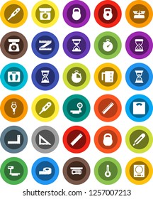 White Solid Icon Set- measuring cup vector, scales, corner ruler, sand clock, stopwatch, weight, big, thermometer, store, kitchen