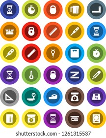 White Solid Icon Set- measuring cup vector, scales, corner ruler, sand clock, stopwatch, weight, big, thermometer, store, kitchen
