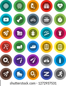 White Solid Icon Set- measuring vector, heart pulse, stadium, stopwatch, clipboard, pills vial, bike, jump rope, hand trainer, punching bag, swimsuite, roller Skates, target, stairways run, cereals