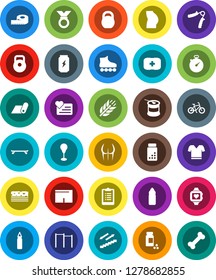 White Solid Icon Set- measuring vector, stopwatch, clipboard, pills vial, bike, weight, hand trainer, horizontal bar, punching bag, buttocks, shorts, t shirt, roller Skates, skateboard, medal, bone