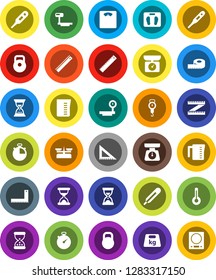 White Solid Icon Set- measuring cup vector, scales, corner ruler, sand clock, stopwatch, weight, big, thermometer, store, kitchen