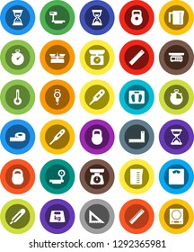 White Solid Icon Set- measuring cup vector, scales, corner ruler, sand clock, stopwatch, weight, big, thermometer, store, kitchen