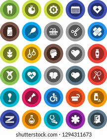 White Solid Icon Set- measuring vector, stopwatch, pills vial, jump rope, punching bag, boxing glove, medal, heart monitor, calendar, cereals, pool, cross, gymnast rings, ambulance star, disabled