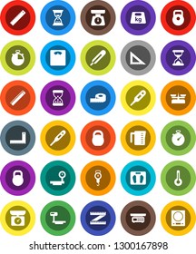 White Solid Icon Set- measuring cup vector, scales, corner ruler, sand clock, stopwatch, weight, big, thermometer, store, kitchen