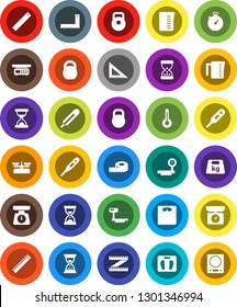 White Solid Icon Set- measuring cup vector, scales, corner ruler, sand clock, stopwatch, weight, big, thermometer, store, kitchen