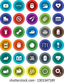 White Solid Icon Set- measuring vector, scales, heart pulse, pills vial, weight, hand trainer, horizontal bar, punching bag, fitball, muscule, swimsuite, roller Skates, skateboard, sports nutrition
