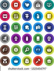 White Solid Icon Set- measuring cup vector, scales, meat hammer, cookbook, blackboard, compass, magnifier, sand clock, dollar medal, monitor, horizontal bar, water bottle, heart cross, run, gift