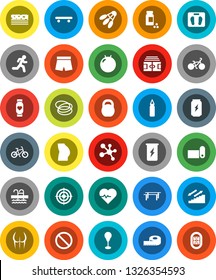 White Solid Icon Set- measuring vector, scales, heart pulse, stadium, pills vial, bike, weight, horizontal bar, punching bag, fitball, buttocks, shorts, skateboard, target, enegry drink, molecule