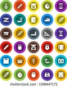 White Solid Icon Set- measuring cup vector, scales, corner ruler, stopwatch, weight, big, thermometer, sand clock, store, kitchen