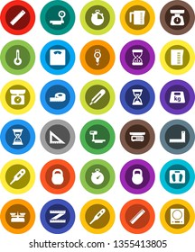 White Solid Icon Set- measuring cup vector, scales, corner ruler, sand clock, stopwatch, weight, big, thermometer, store, kitchen