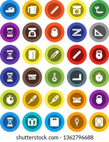 White Solid Icon Set- measuring cup vector, scales, corner ruler, sand clock, stopwatch, weight, big, thermometer, store, kitchen