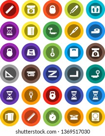 White Solid Icon Set- measuring cup vector, scales, corner ruler, sand clock, stopwatch, weight, big, thermometer, store, kitchen