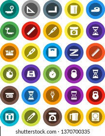 White Solid Icon Set- measuring cup vector, scales, corner ruler, sand clock, stopwatch, weight, big, thermometer, store, kitchen