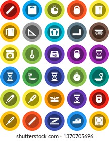 White Solid Icon Set- measuring cup vector, corner ruler, sand clock, scales, stopwatch, weight, big, thermometer, store, kitchen