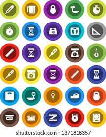 White Solid Icon Set- measuring cup vector, scales, corner ruler, sand clock, stopwatch, weight, big, thermometer, store, kitchen