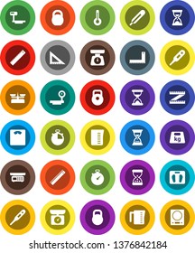 White Solid Icon Set- measuring cup vector, scales, corner ruler, sand clock, stopwatch, weight, big, thermometer, store, kitchen