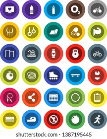 White Solid Icon Set- measuring vector, stopwatch, clipboard, bike, weight, jump rope, horizontal bar, punching bag, fitball, muscule hand, buttocks, swimsuite, roller Skates, skateboard, pills, run