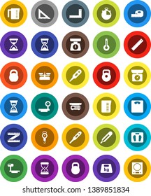 White Solid Icon Set- measuring cup vector, scales, corner ruler, sand clock, stopwatch, weight, big, thermometer, store, kitchen