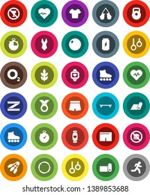 White Solid Icon Set- measuring vector, heart pulse, stopwatch, weight, fitball, boxing glove, shorts, swimsuite, t shirt, roller Skates, skateboard, medal, enegry drink, monitor, fitness mat, hoop