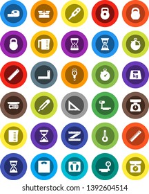 White Solid Icon Set- measuring cup vector, scales, corner ruler, sand clock, stopwatch, weight, big, thermometer, store, kitchen