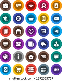 White Solid Icon Set- medal vector, exam, graph, cart, case, presentation board, personal information, tie, safe, clipboard, phone, client, truck trailer, clock, warehouse, oil barrel, newspaper