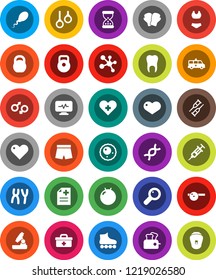 White Solid Icon Set- microscope vector, weight, fitball, boxing glove, shorts, swimsuite, roller Skates, molecule, gymnast rings, heart, doctor bag, cross, gender sign, dna, magnifier, syringe