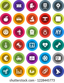 White Solid Icon Set- microscope vector, certificate, scissors, euro sign, diet, bone, ship, film spool, satellitie, gamepad, equalizer, video camera, rec button, heart cross, thermometer, syringe