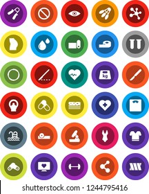 White Solid Icon Set- microscope vector, barbell, measuring, scales, heart pulse, hand trainer, buttocks, swimsuite, t shirt, pills, molecule, fitness mat, breads, shuttlecock, pool, monitor, cross