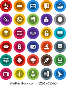 White Solid Icon Set- microscope vector, flask, video camera, hdmi, tooth implant, server, notebook network, browser, equalizer, hub, cloud upload, document, unlock, windmill, tv, wireless, phone