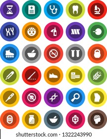 White Solid Icon Set- microscope vector, weight, buttocks, snickers, roller Skates, heart monitor, cereals, no smoking, fastfood, stadium, thermometer, vial, dna, magnifier, insemination, scalpel