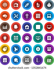 White Solid Icon Set- microscope vector, notebook pc, laptop graph, monitor dollar, package, antenna, equalizer, video camera, remote control, classic phone, stop button, rca, connection, network