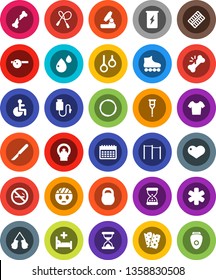White Solid Icon Set- microscope vector, weight, jump rope, horizontal bar, boxing glove, t shirt, roller Skates, enegry drink, calendar, breads, no smoking, hoop, gymnast rings, heart, disabled