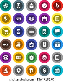 White Solid Icon Set- microscope vector, alarm clock, clipboard, flag, receipt, sand, dollar calendar, sign, target, phone, tulip, package, protected, speaker, big data, server, connection, barn