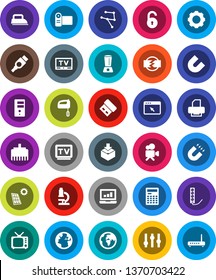 White Solid Icon Set- microscope vector, calculator, magnet, laptop graph, earth, package, tv, settings, video camera, hdmi, network, server, browser, gear, lan connector, unlock, disconnection, usb