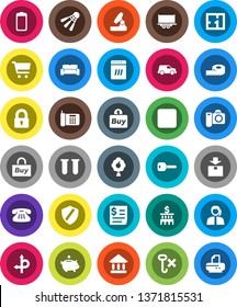 White Solid Icon Set- microscope vector, university, cart, piggy bank, building, measuring, shuttlecock, route, support, truck trailer, car, receipt, no hook, package, classic phone, battery, vial