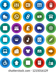 White Solid Icon Set- microwave oven vector, cake, notebook pc, school bus, music, arrow down, up, pound, t shirt, roller Skates, target, calendar, dry cargo, settings, pause button, stop, forward