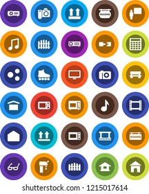White Solid Icon Set- microwave oven vector, blackboard, glasses, music, calculator, roller Skates, dry cargo, top sign, film frame, monitor, mail, share, bench, connection, water supply, fence