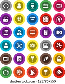 White Solid Icon Set- microwave oven vector, atom, table lamp, laptop graph, molecule, support, satellite antenna, tv, headphones, monitor, rca, hdmi, tooth implant, network, notebook, server, usb
