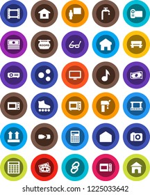 White Solid Icon Set- microwave oven vector, blackboard, glasses, calculator, music, cash, roller Skates, money, top sign, film frame, monitor, link, mail, share, home, bench, connection, camera